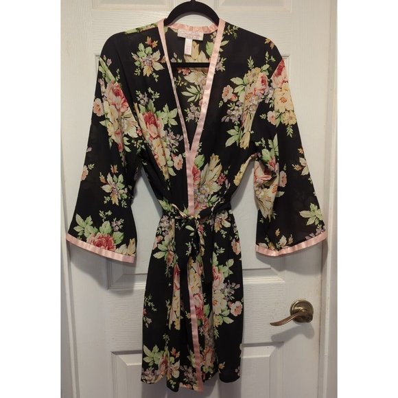 Oscar de la Renta Pink Label Kimono Style Wrap/ Robe Black W/Floral pattern sz M - Picture 1 of 8